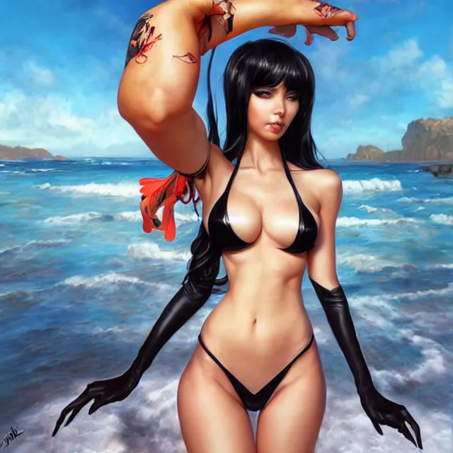 Prompt: full body wide angle portrait of beautiful girl cosplay with black hair in bikini without black strong makeup, clothes on, full body tattooed, art by stanley artgerm lau and artgem and wlop and magali villeneuve and karol bak and gennady ulybin