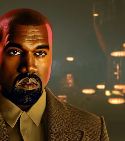 Image similar to Portrait of Kanye West as willy wonka in fallout new vegas, splash art, movie still, cinematic lighting, dramatic, octane render, long lens, shallow depth of field, bokeh, anamorphic lens flare, 8k, hyper detailed, 35mm film grain