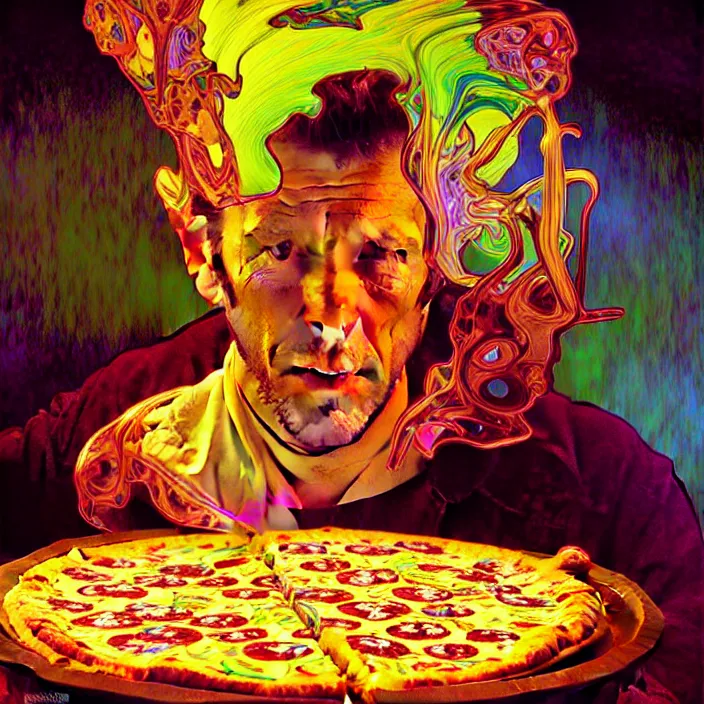 Image similar to bright psychedelic portrait of tom waits baking pizza, diffuse lighting, fantasy, intricate, elegant, highly detailed, lifelike, photorealistic, digital painting, artstation, illustration, concept art, smooth, sharp focus, art by John Collier and Albert Aublet and Krenz Cushart and Artem Demura and Alphonse Mucha