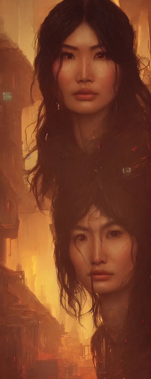 Image similar to portrait of gemma chan tavern bard, intricate face, sad expression, sweat, narrow dark streets with exotic dancers, vaporwave aesthetics, 8 k uhd, unreal engine, octane render in the artstyle of finnian macmanus, john park and greg rutkowski