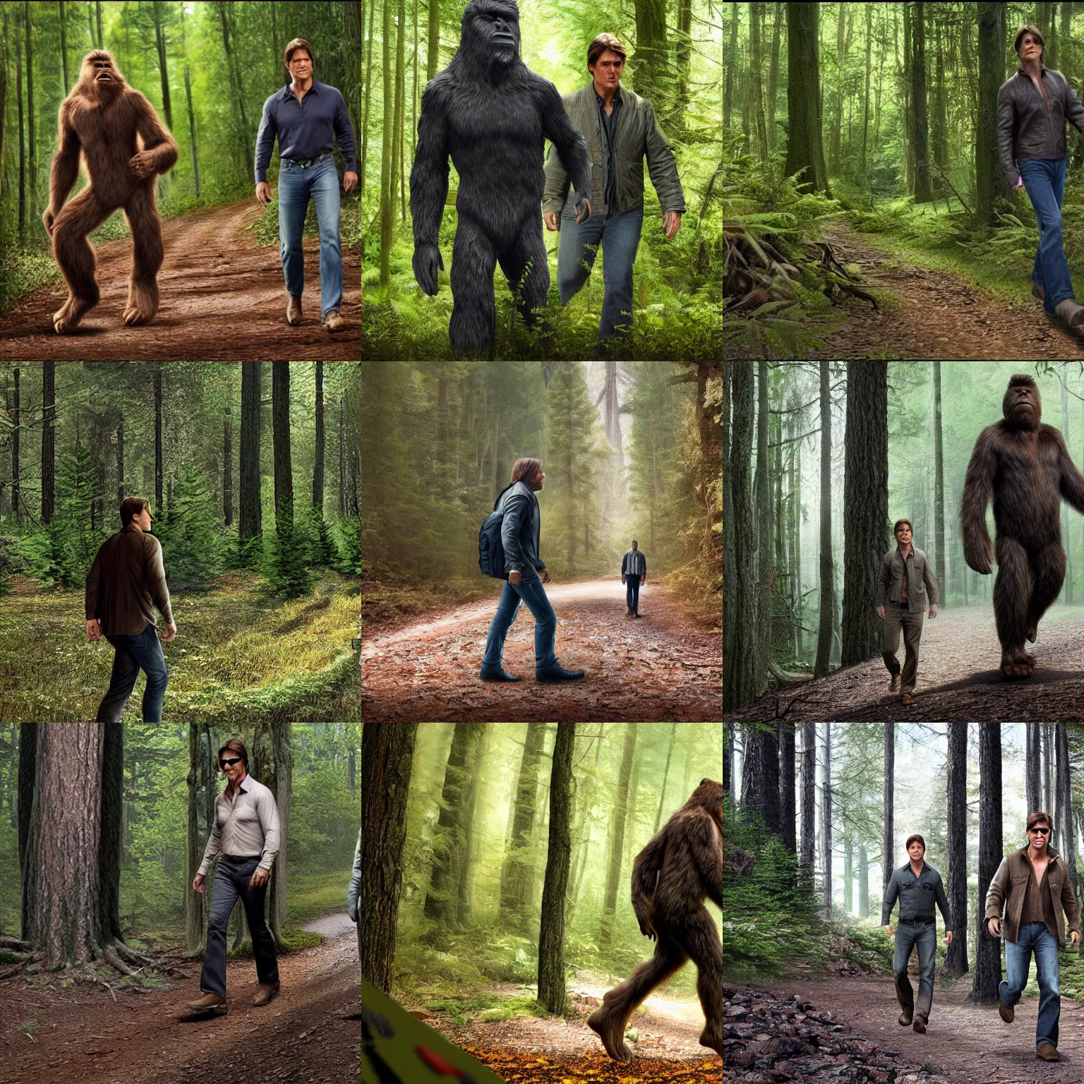 Prompt: Bigfoot and Tom Cruise walking together in the woods, photorealistic, 4K