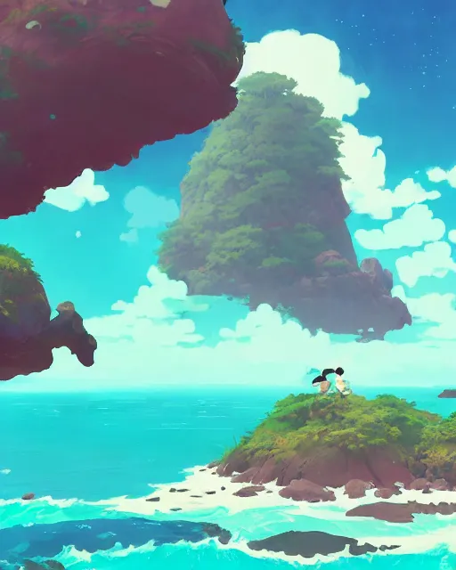 Image similar to an archipelago with strange rock formations, lush vegetation, turquoise water, cory loftis, james gilleard, atey ghailan, makoto shinkai, goro fujita, studio ghibli, rim light, exquisite lighting, clear focus, very coherent, plain background, soft painting