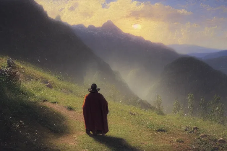 Prompt: a traveler wandering trough the mountains looking at the clouds, very detailed, oil painting, cinematic lighting, albert bierstadt, trending on artstation, colorful, canvas, sunset, hans dahl, theodor kittelsen, grey cloak, brimmed hat, old man