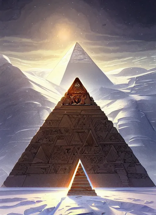 Image similar to pyramid in antarctica, intricate, elegant, highly detailed, digital painting, artstation, concept art, smooth, sharp focus, illustration, art by artgerm and greg rutkowski and alphonse mucha