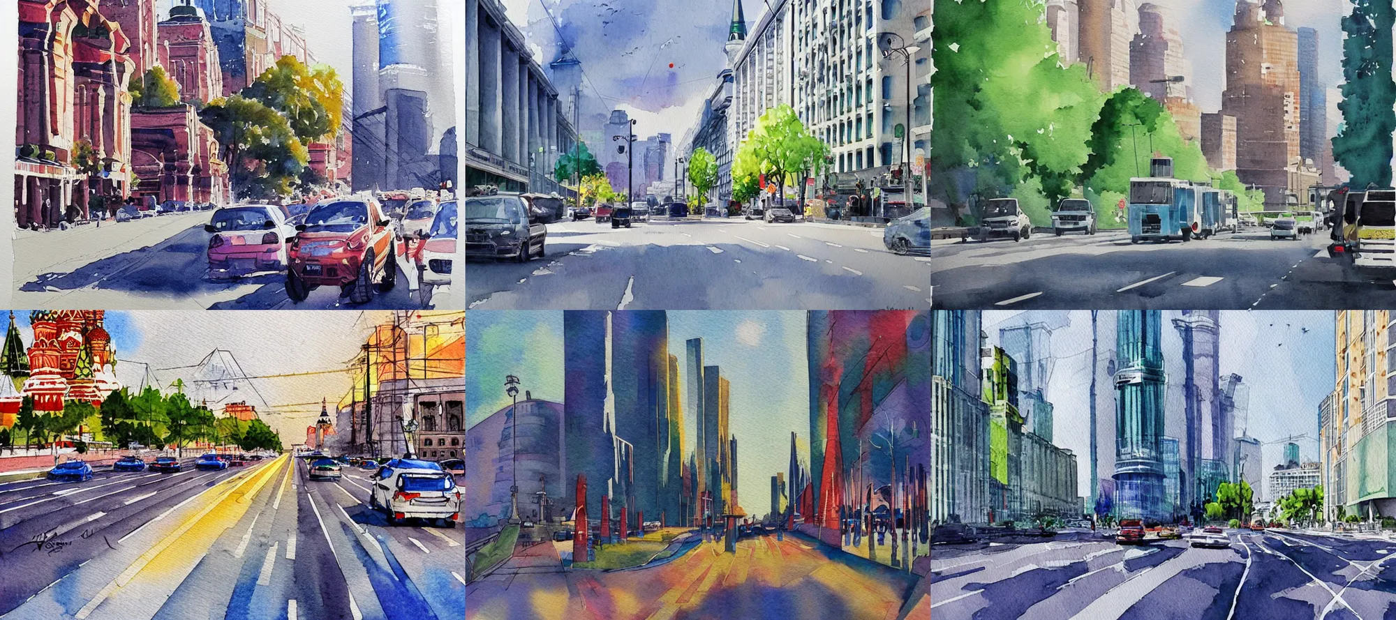 Prompt: !! watercolor!! moscow city road in summer day, artwork by tooth wu, colorful contrast,!! very coherent!!, dark shadow, thick lineart