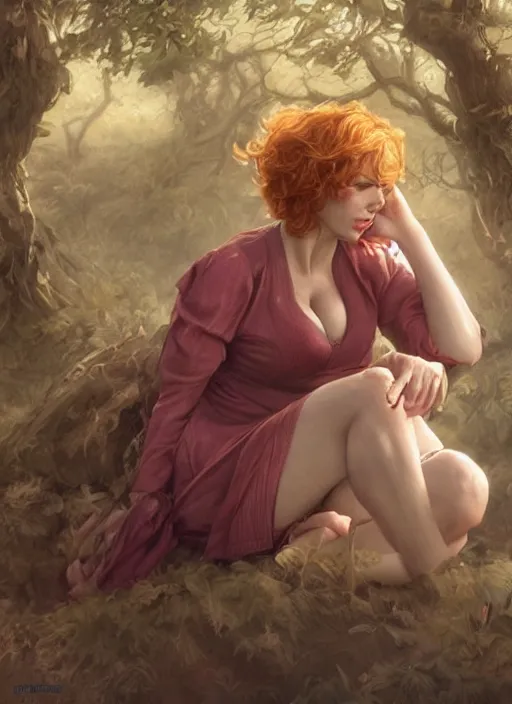 Image similar to tired Christina Hendricks taking a rest under a tree after an long adventure a ruggedly muscled handsome heroine, intricate, elegant, highly detailed, centered, digital painting, artstation, concept art, smooth, sharp focus, illustration, artgerm, donato giancola, Joseph Christian Leyendecker, WLOP, Artgerm, thunder storm