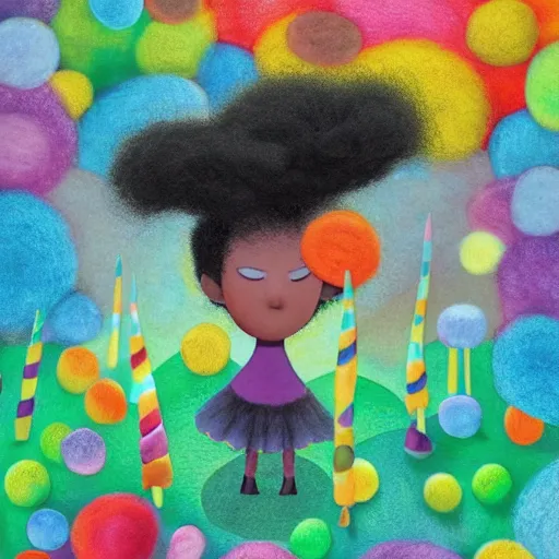 Image similar to a black girl with a colorful afro and rainbow eyes, in a candy forest! at night, bokeh, bright colours, watercolor, volumetric wool felting, macro photography, children illustration, by goro fujita