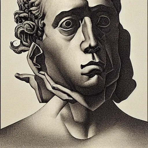 Image similar to lithography on paper conceptual figurative post - morden monumental portrait by goya and escher and hogarth, illusion surreal art, highly conceptual figurative art, intricate detailed illustration, controversial poster art, polish poster art, geometrical drawings, no blur