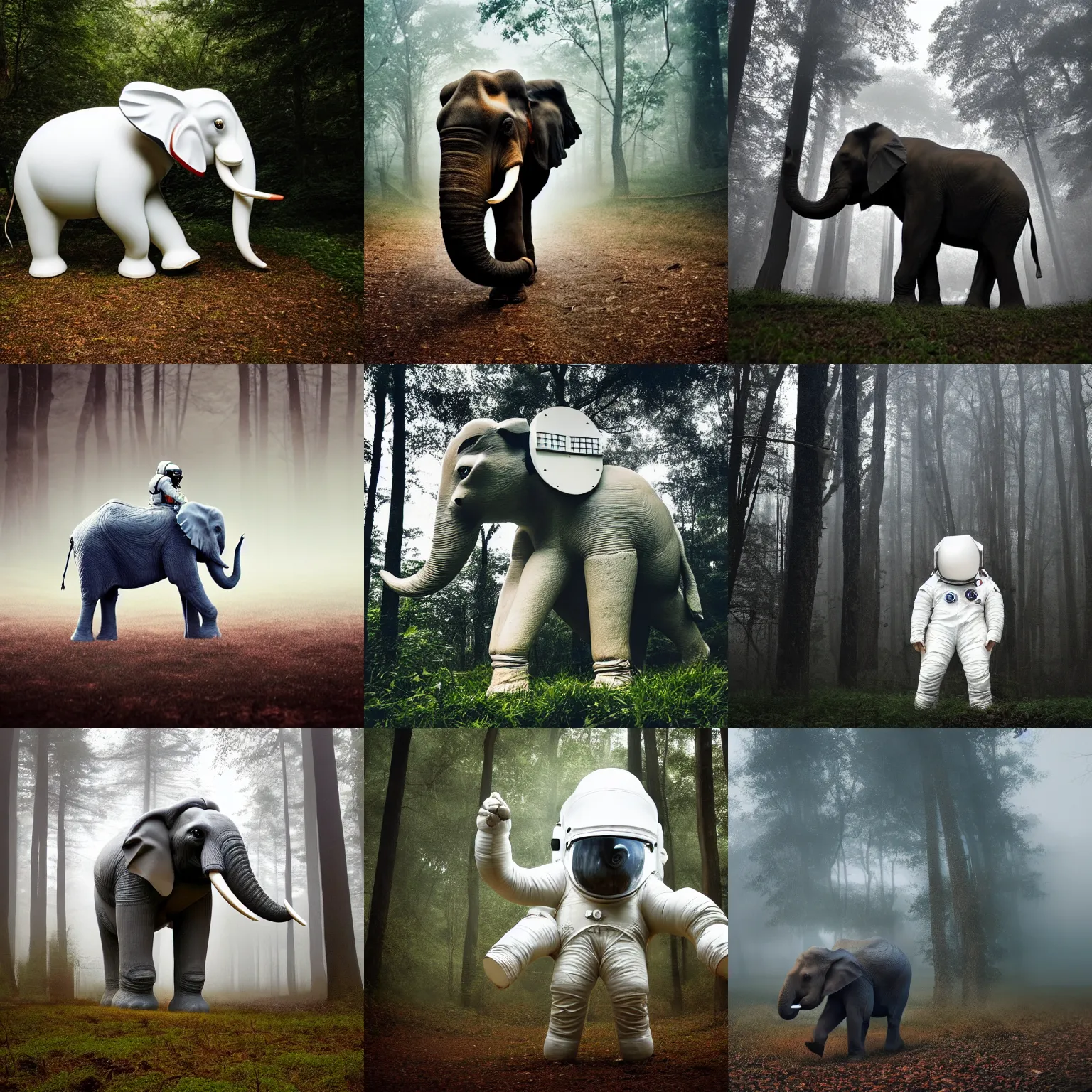 Prompt: giant elephant wearing white american spacesuit with oversized giant helmet as astronaut animal, in the woods, foggy mood, overcast bokeh, cctv - c 6