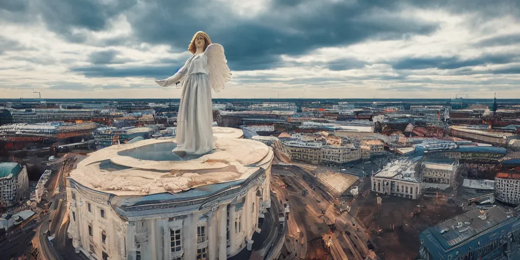 Image similar to beatiful angel floating top of helsinki finland, cinematic composition, shot on film, hyper realistic, 4k resolution