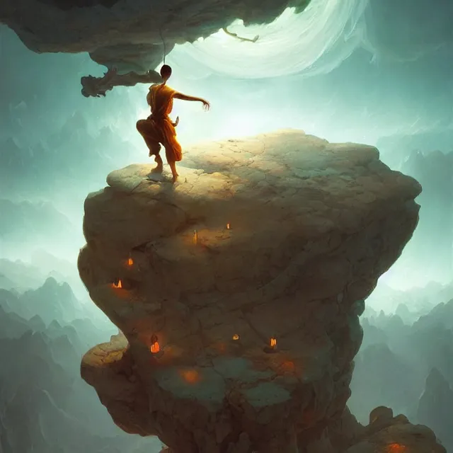 Image similar to in the style of peter mohrbacher, a glowing monk floating and meditating on a rock, dystopian landscape, intricate, masterpiece, award winning, fantasy, hyperrealism intricate