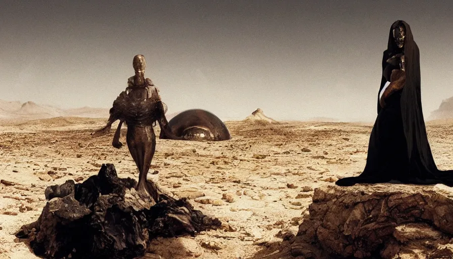 Image similar to glowing bene gesserit in full - face golden glowing mask meet salvador dali in a black rocky desert landscape with alienabandoned city beneath the sand and giant alien spaceship in the sky attacks the earth by christopher doyle and alejandro jodorowsky, anamorphic lens, kodakchrome, cinematic composition, very detailed photo, 8 k,