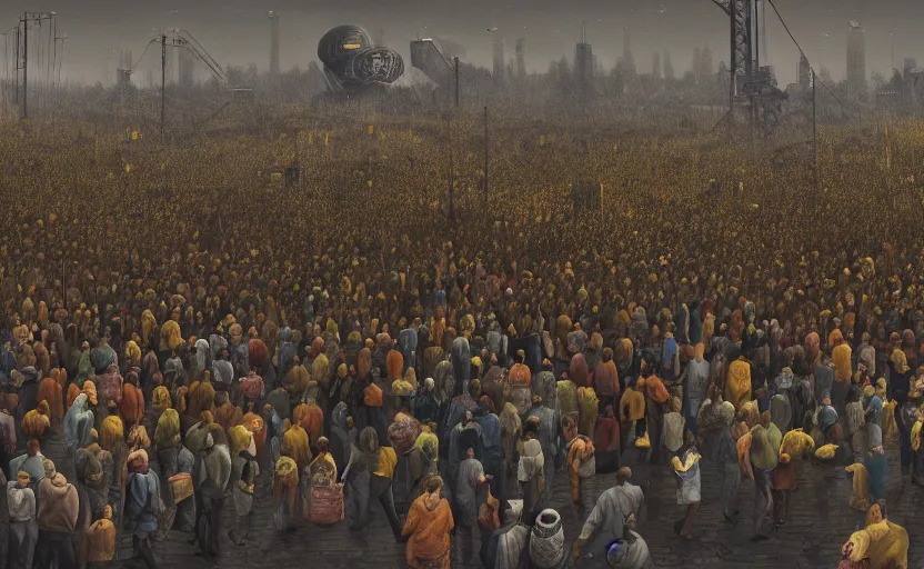 Image similar to an intricate matte painting of a crowd of people, by simon stalenhag, rust, yellow and black trim, trending on artstation, hdr, 8 k