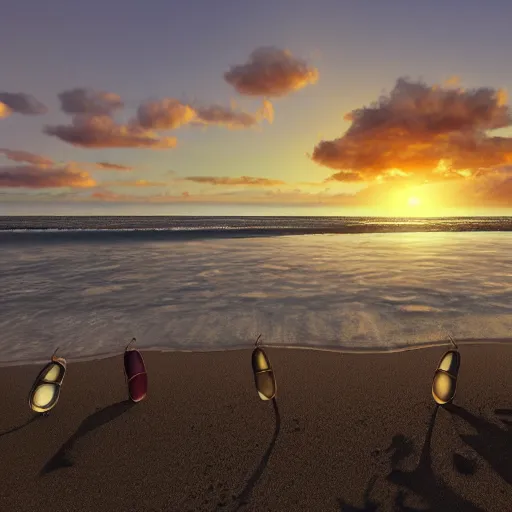 Image similar to oval-shaped woks on a beach with ocean in the background, photorealistic, 8k