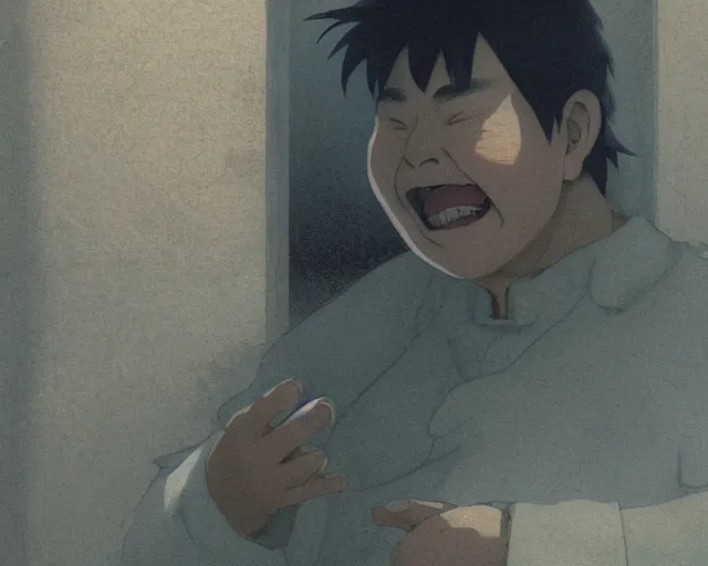 Image similar to a 50 year old brunnete happy chinese man with puffy cheeks bursting in tears on the floor, close up shot, anime art, Greg Rutkowski, studio ghibli, dramatic lighting