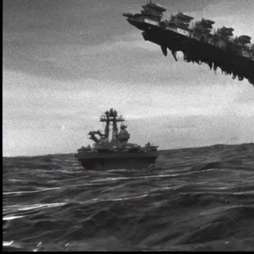 Image similar to super 8 film footage of a colossal octopus emerging from the ocean and destroying an aircraft carrier, daylight, film grain, bird sight,