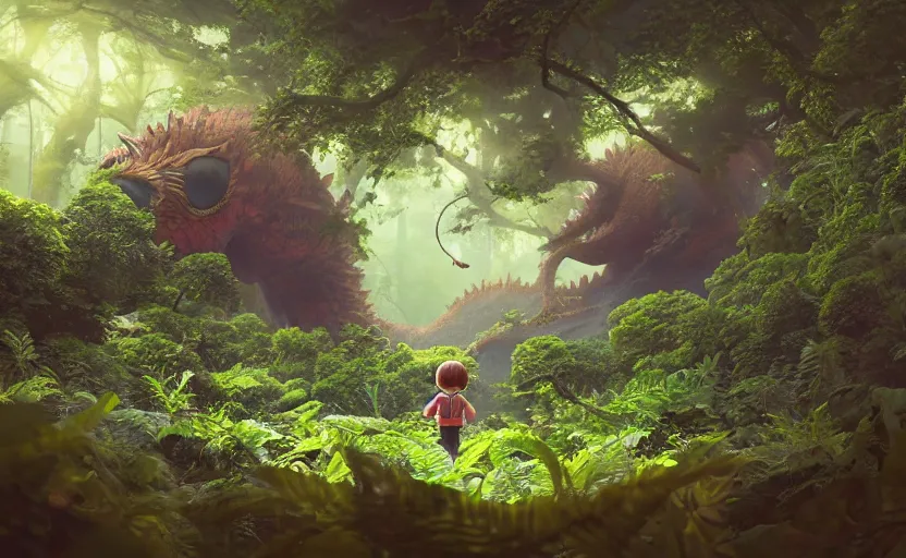 Prompt: a still of a cute adorable tiny astronaut, on a planet of lush foliage, with an enormous kaiju dragon surrounding, magical forest, sharp focus, neon backlit, highly detailed, disney pixar studio ghibli makoto shinkai, digital painting, matte, octane render, global illumination, iridescent, anime, 8 k concept art