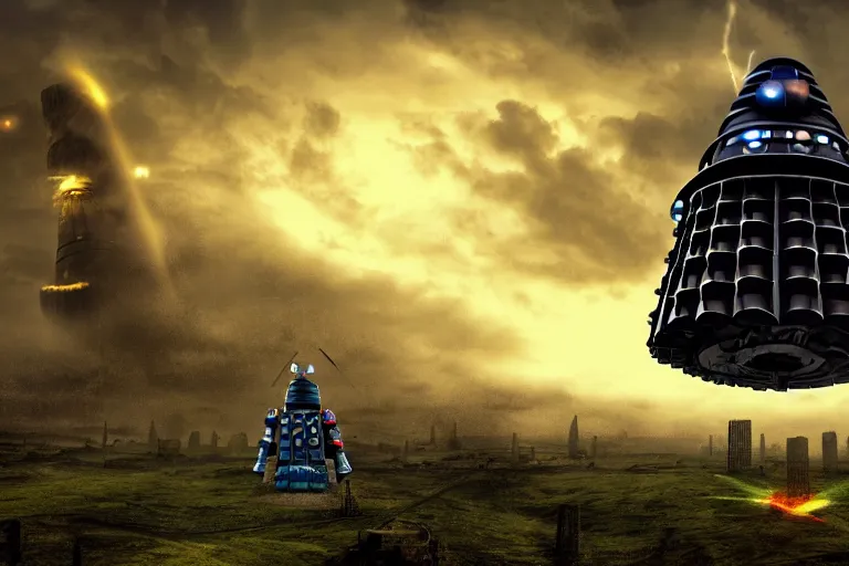 Image similar to colossal Dalek towering over village shooting lasers, houses, trees, looking down, realistic, post apocalyptic style, tornadoes, dark clouds, hyper realistic, wide angle