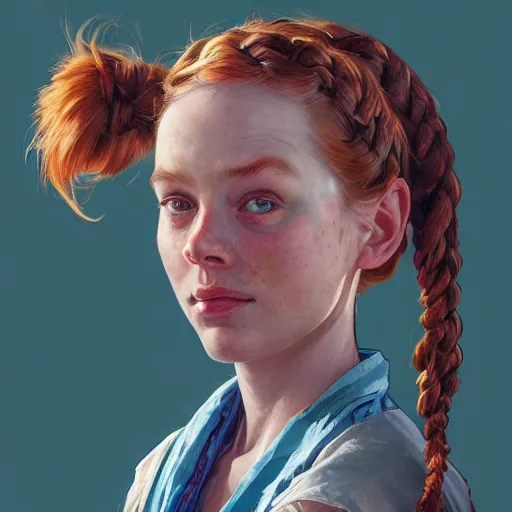 Image similar to portrait of pippi longstocking, looking at camera, intricate, extremely detailed, digital painting, artstation, concept art, smooth, ambient lighting, art by artgerm and greg rutkowski and alphonse mucha and simon stalenhag