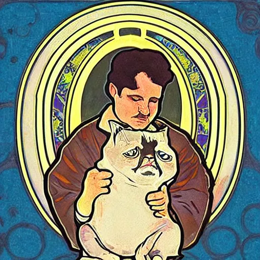 Image similar to “ george costanza from seinfeld holding grumpy cat, art nouveau, by alphonse mucha ”