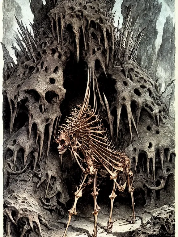 Image similar to A spiked horned skeleton with armored joints stands in a cave. Extremely high detail, realistic, fantasy art, solo, masterpiece, saturated colors, bones, ripped flesh, art by Zdzisław Beksiński, Arthur Rackham, Dariusz Zawadzki