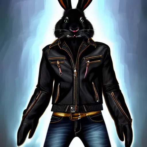 Image similar to A bunny with a small head wearing a fine intricate leather jacket and leather jeans and leather gloves, trending on FurAffinity, energetic, dynamic, digital art, highly detailed, FurAffinity, high quality, digital fantasy art, FurAffinity, favorite, character art