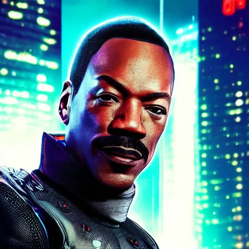 Image similar to eddie murphy portrait, Cyberpunk 2077, cyberpsycho, photorealistic, ultra detailed, neon, octane, bokeh, cyber, cyberpunk city, feature, scars, cyberface, 8k