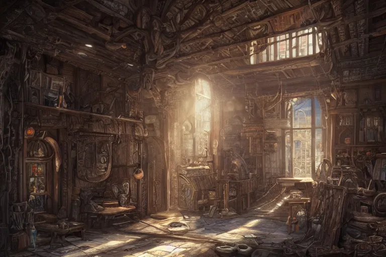 Image similar to A carpenters shop viewed from the inside, texture, intricate, details, highly detailed, masterpiece, architecture, building, trending on artstation, focus, sharp focus, concept art, digital painting, fantasy, sunny, day, midday, in the style of Dungeons and Dragons