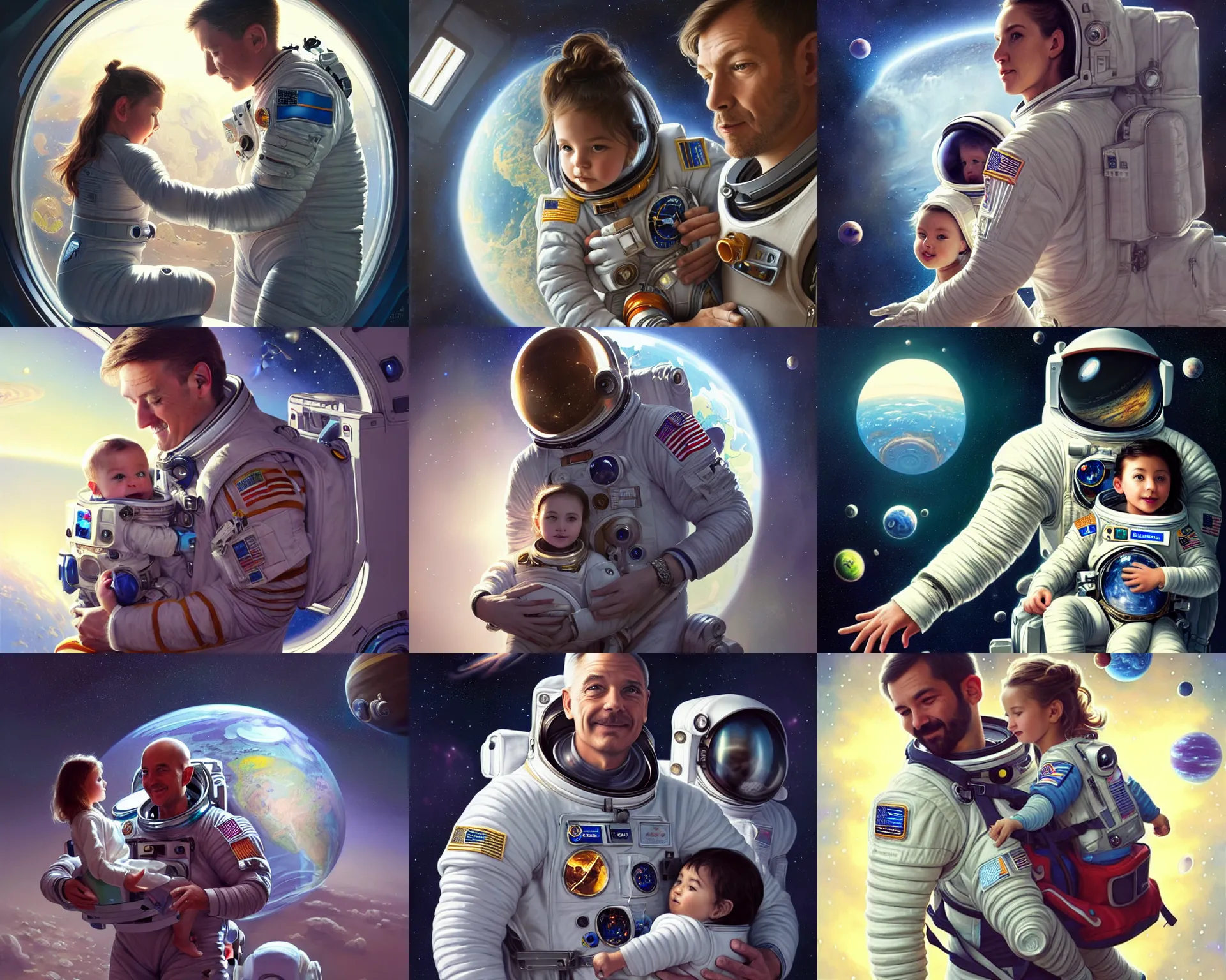 Prompt: a fully suited father astronaut with his fully suited daughter on a baby carrier, space station, earth on the window, deep focus, fantasy, intricate, elegant, highly detailed, digital painting, artstation, concept art, matte, sharp focus, illustration, hearthstone, art by artgerm and greg rutkowski and alphonse mucha