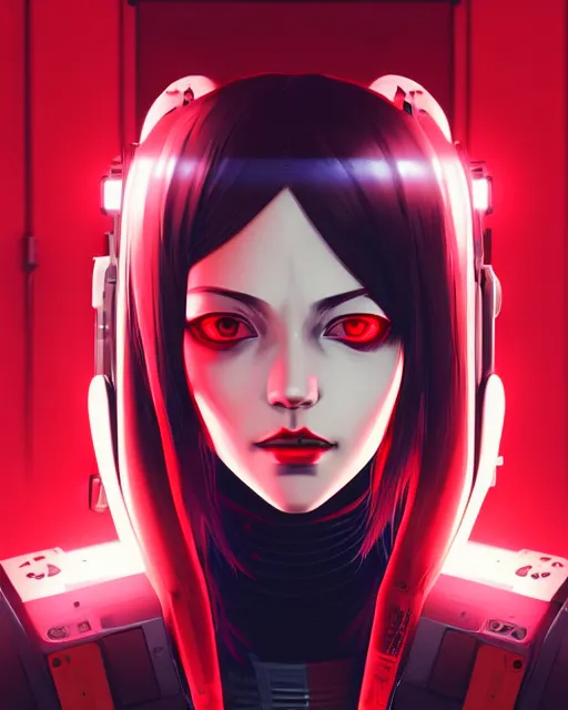 Image similar to a detailed potrait of a cyberpunk cyborg girl with black and red parts, perfect face, realistic shaded perfect face, detailed. night setting. very anime style. realistic shaded lighting poster by ilya kuvshinov katsuhiro, unreal engine, global illumination, radiant light, detailed and intricate environment