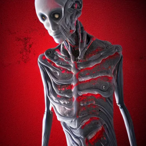 Image similar to octane render of a body horror humanoid, sharp dark shadows, black and red color palette by trevor henderson and junji ito