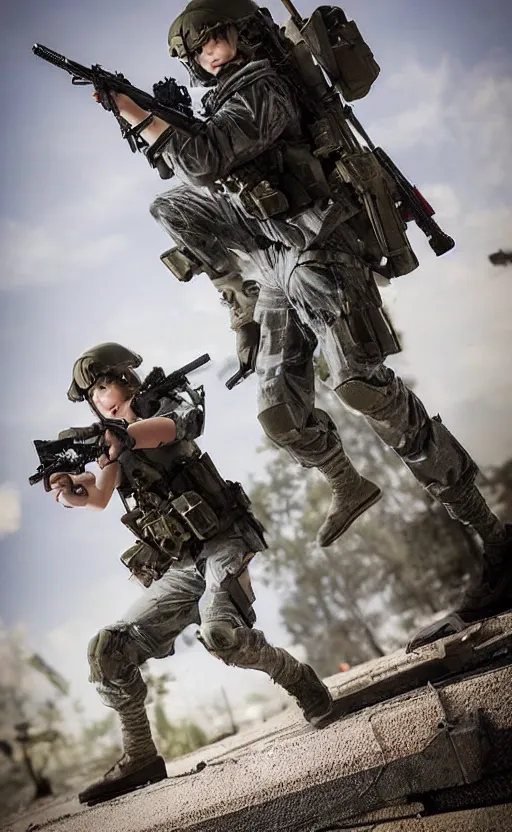 Prompt: an escalating violent firefight, highly detailed, high resolution, cosplay photo, stunning, girls frontline style, bokeh soft, 100mm, trending on instagram, by professional photographer, featuring shishiro botan, realistic human anatomy, real human face, realistic military carrier, modern warfare, realistic weapon, shot with a arriflex 35 ii, low saturation, small human eyes, running pose, jumping soldier, modern military helmets