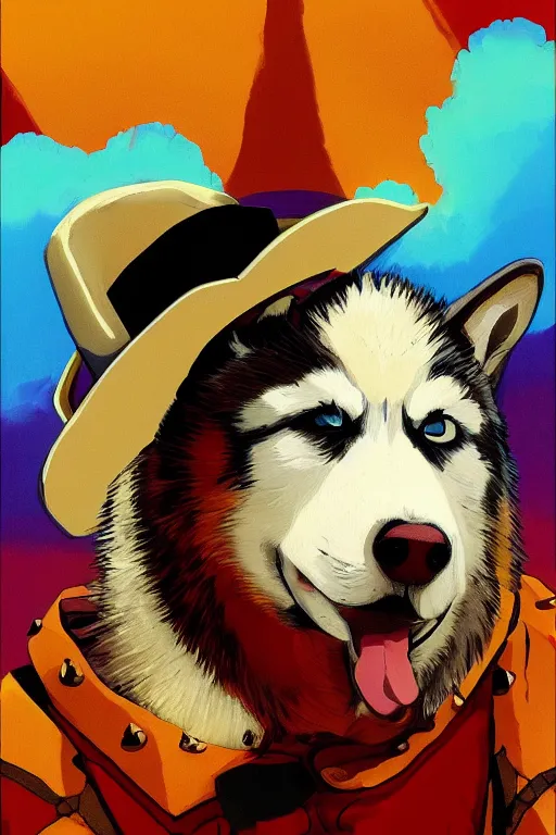 Image similar to a portrait painting of a husky in cowboy costume, wearing a cowboy hat, by [ studio ghibli ], in the style of anime, [ red dead ], trending on artstation