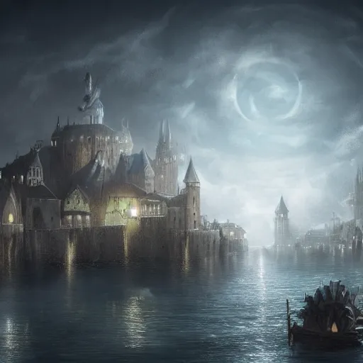 Image similar to medieval city floating above a sea in the moonlight with some puffs of clouds with a dark and gloomy theme, ultra fine detail, concept art, matte painting,