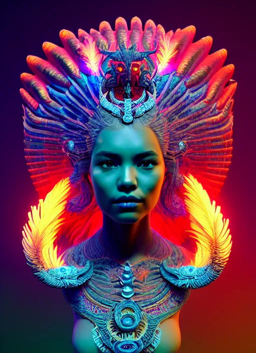 Image similar to 3 d goddess portrait, 8 k micro details global illumiantion beautiful intricate highly detailed quetzalcoatl skull and feathers. bioluminescent, plasma, fire, snow, water, wind, creature, thunderstorm! artwork by tooth wu and wlop and beeple and greg rutkowski, trending on artstation,