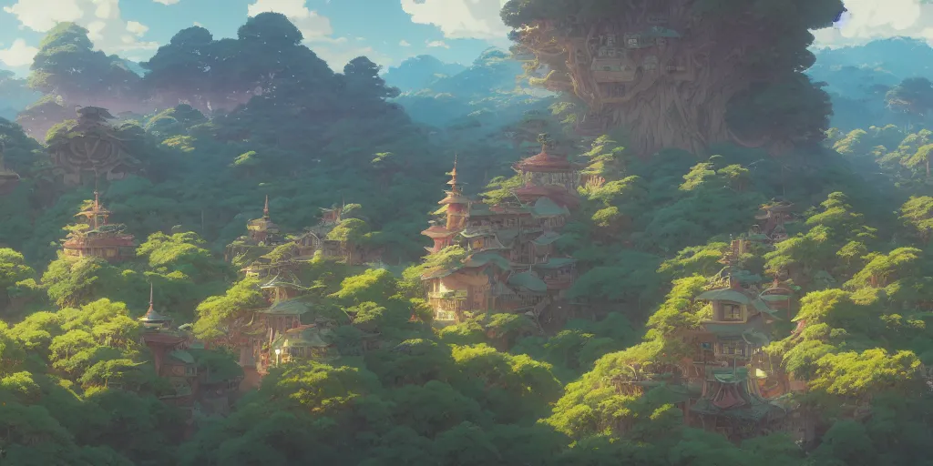 Image similar to highly detailed vfx panoramic landscape of studio ghibli, stephen bliss, unreal engine, greg rutkowski, loish, rhads, beeple, makoto shinkai and lois van baarle, ilya kuvshinov, rossdraws, tom bagshaw, alphonse mucha, global illumination, detailed and intricate environment