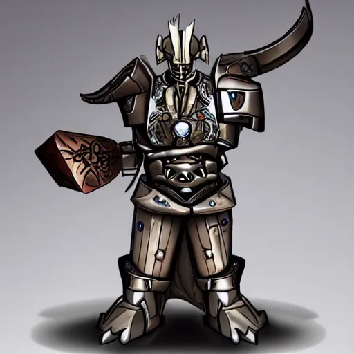 Prompt: A paladin warforged from Dungeons & Dragons looking like the BIONICLE Keetongu from Lego, with one eye and a heavy armor, with eldritch styled tatoos on his arms, art by Gref Farshtey