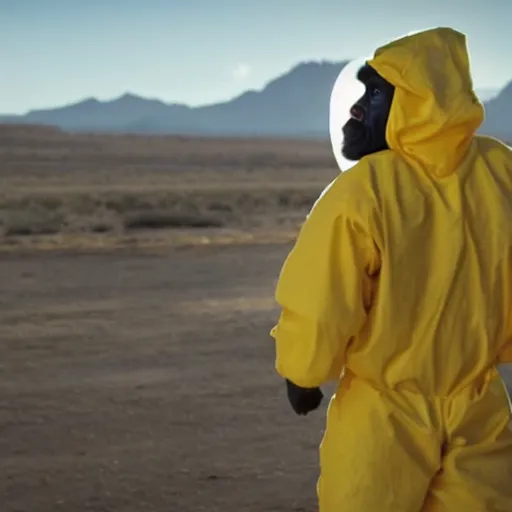 Prompt: A photo of a gorilla in a hazmat suit with Walter White, New Mexico desert, cinematic lighting