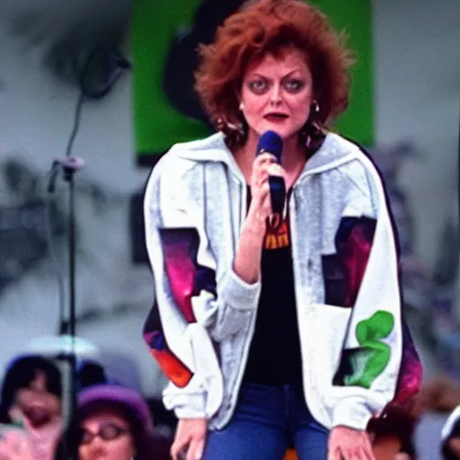 Image similar to 1 9 9 0 s video still of susan sarandon, wearing a hip hop hoodie, rapping on stage at a small outdoor concert, vhs artifacts