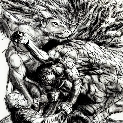 Prompt: hero wrestling against a lion in the middle of an arena, crowd of people, pencil art, added detail, high definiton, colored, aerial viewyoji shinkawa