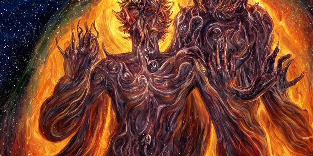 Image similar to Character portrait, face close up: Demiurge faceless god with four hands, Maker of Worlds.. Unique character. Centered in the scene. In the middle of the Universe. In the style of Samwise Didier