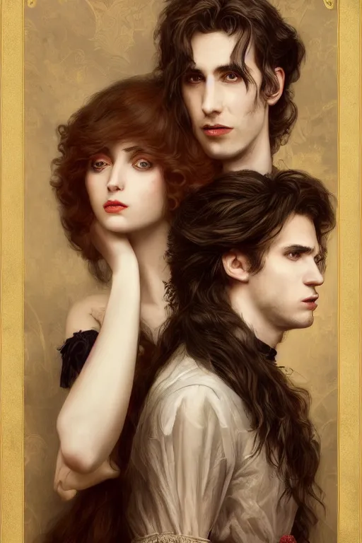 Image similar to romance Bookcover, a portrait of handsome young male vampire with long hair and his elegant beautiful dark bohemian wife, bored, illustration, dramatic lighting, soft details, painting oil on canvas, art nouveau, octane render, HDR, 4k, 8k, HD, by Edmund Blair Leighton, Brom, Charlie Bowater, trending on artstation, faces by Tom Bagshaw, Sargent