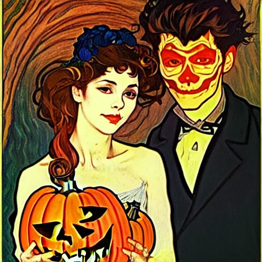 Image similar to painting of handsome young beautiful jeff and gorgeous rina together at the jack o'lantern halloween party, elegant, clear, painting, stylized, art, art by alphonse mucha, vincent van gogh, egon schiele,