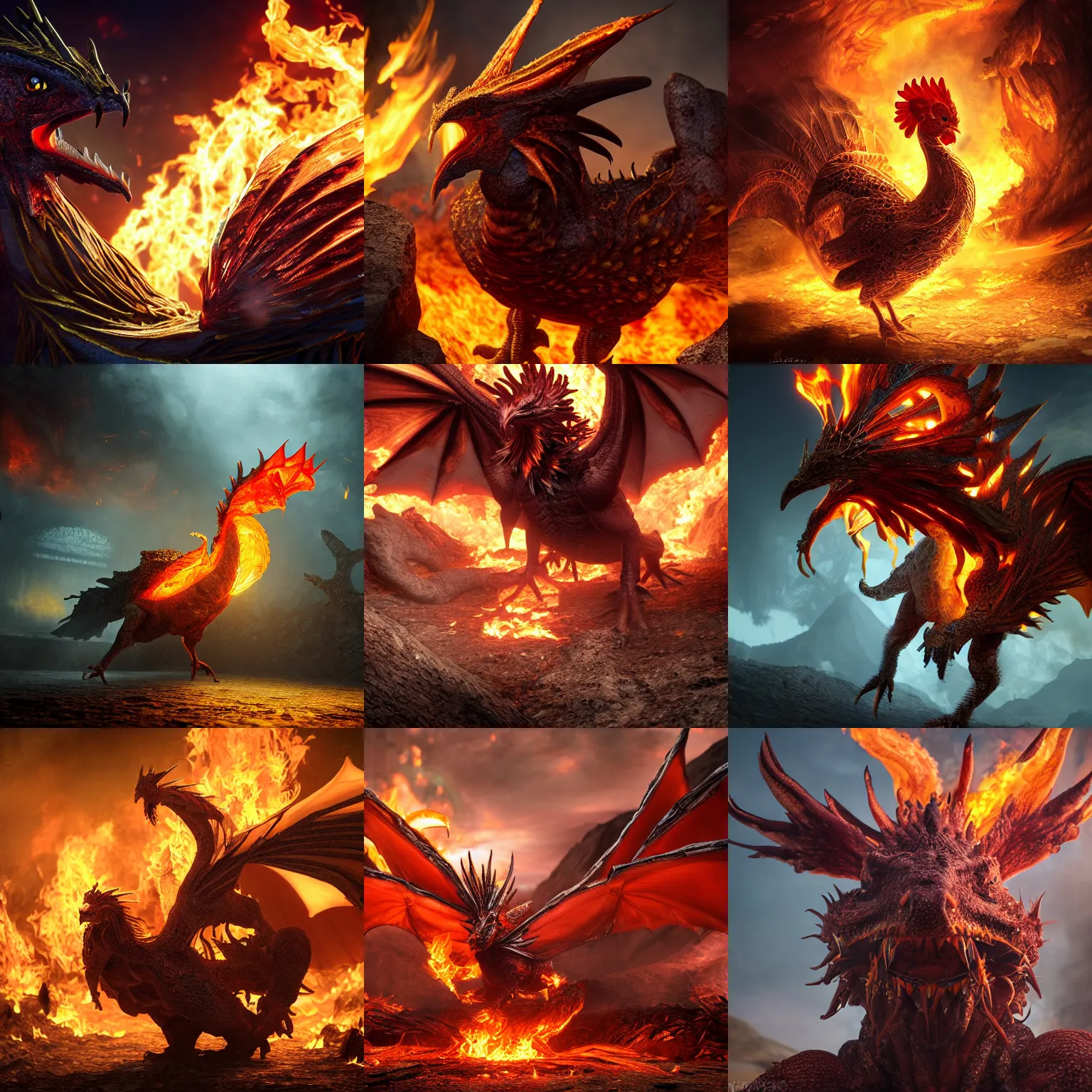 Prompt: a wide - shot photorealistic photograph of a chicken dragon from hell. elden rings boss. professional capture, well lit shot. fire and flames. trending on artstation, featured on behance, well - rendered, extra crisp, features intricate detail, epic composition and the style of unreal engine.