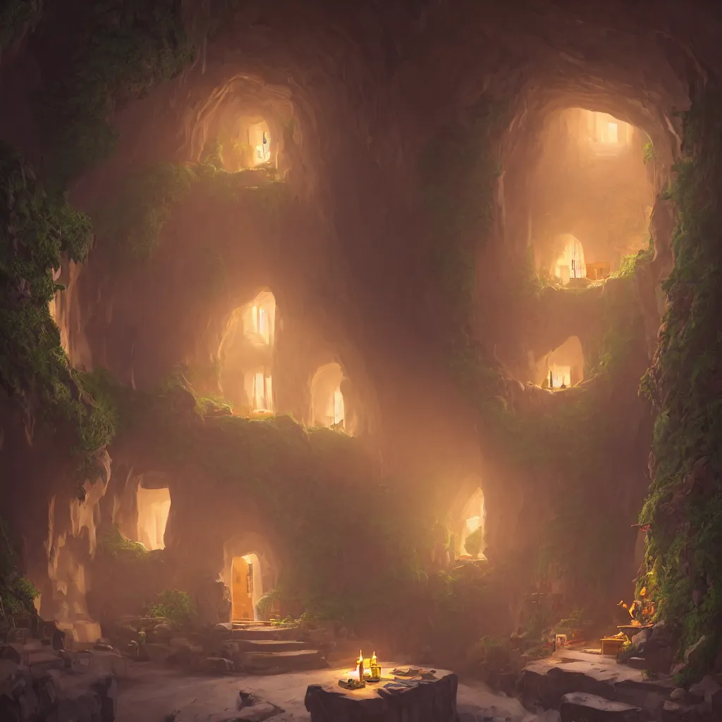 Image similar to secret overwatch common area carved inside a cave, doors to various bedrooms, sheltered, magical, natural light, lush central tree, flowers, candle light, cinematic lighting, clean lines, cozy, fantasy, minimalist architecture, sharp focus, concept art, octane render 4 k, artstation, by greg rutkowski