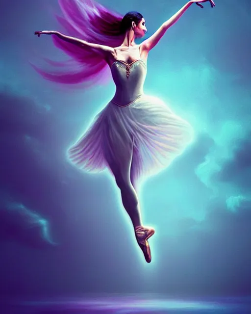 Image similar to beautiful arab woman as a ballerina, floating in mid - air, long flowing fabric, haunting, dancer, flowers, rain, lightning, storm, digital painting, illustration by james jean and tinothy kong and artgerm, volumetric lighting, realism, artstation