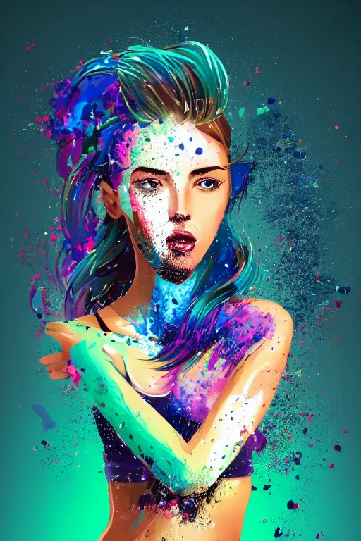 Image similar to a award winning half body portrait of a beautiful woman in a croptop and cargo pants with ombre navy blue teal hairstyle with head in motion and hair flying, paint splashes, splatter, outrun, vaporware, shaded flat illustration, digital art, trending on artstation, highly detailed, fine detail, intricate