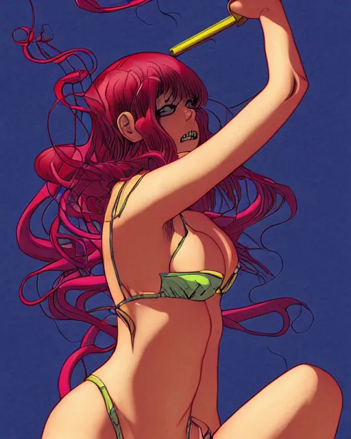Image similar to comic horror cover art of a terrified bikini model running away from the viewer, inspired by gunsmith cats and clamp, illustration by jenny frison and sana takeda, intricate details, stunning inking lines, stunning gradient colors, 4 k, hd, artstation