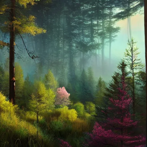 Image similar to solace, peaceful, clouds, beautiful, woods, trees, pine, nice view, gradient of pink and blue, mystical realistic poster with shaded lighting by craig mallismo, artgerm, jeremy lipkin and michael garmash, radiant light, detailed and complex environment, city, utopia, spirituality, sacred geometry, with implied lines