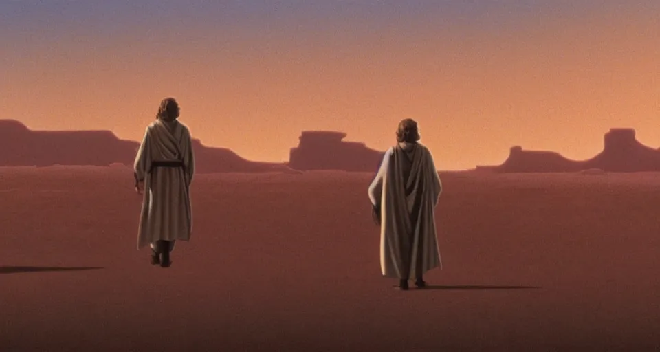 Image similar to beautiful wide shot tatooine landscape obi wan kenobi,Luke skywalker, Star Wars a new hope 1977, studio ghibli, Miyazaki, studio ghibli, Jean girard, Moebius , animation, golden hour, highly detailed, 70mm